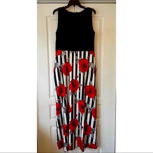 Red rose floral, black & white stripped maxi dress